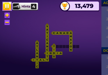 Crossword word game hint and pause controls