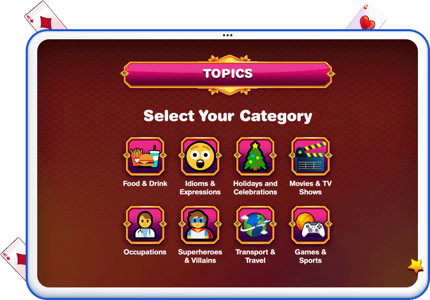Cryptic Cards category selection screen