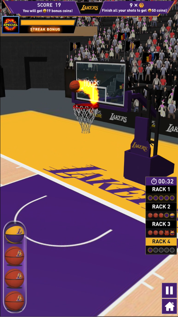 In-app screenshot of LA Lakers and GTG Network Hoops Galore game