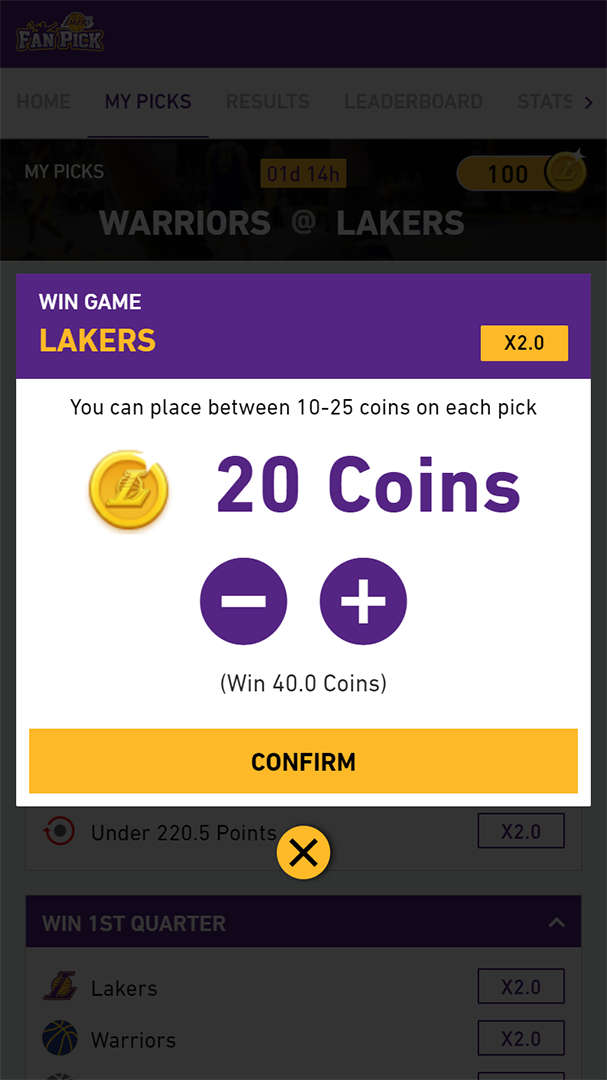 Los Angeles Lakers Fan Pick app assigning coins to a pick