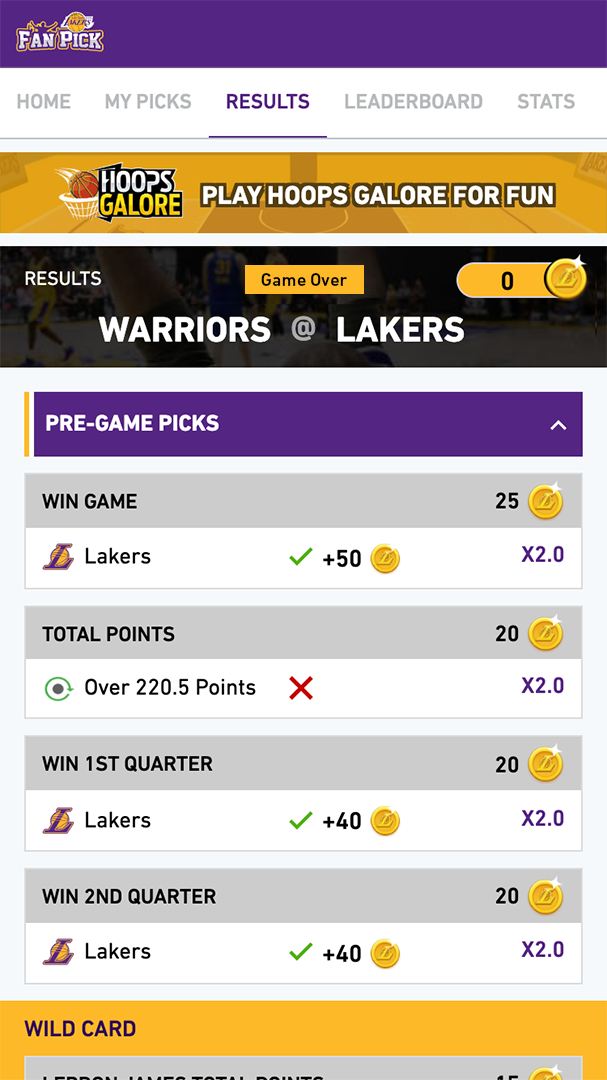 Los Angeles Lakers Fan Pick app results screen showing outcomes of pre-game picks