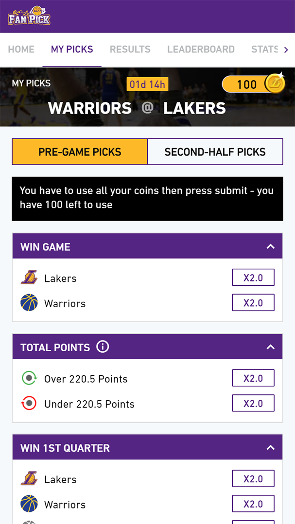 Los Angeles Lakers Fan Pick my picks screen showing pre-game picks section
