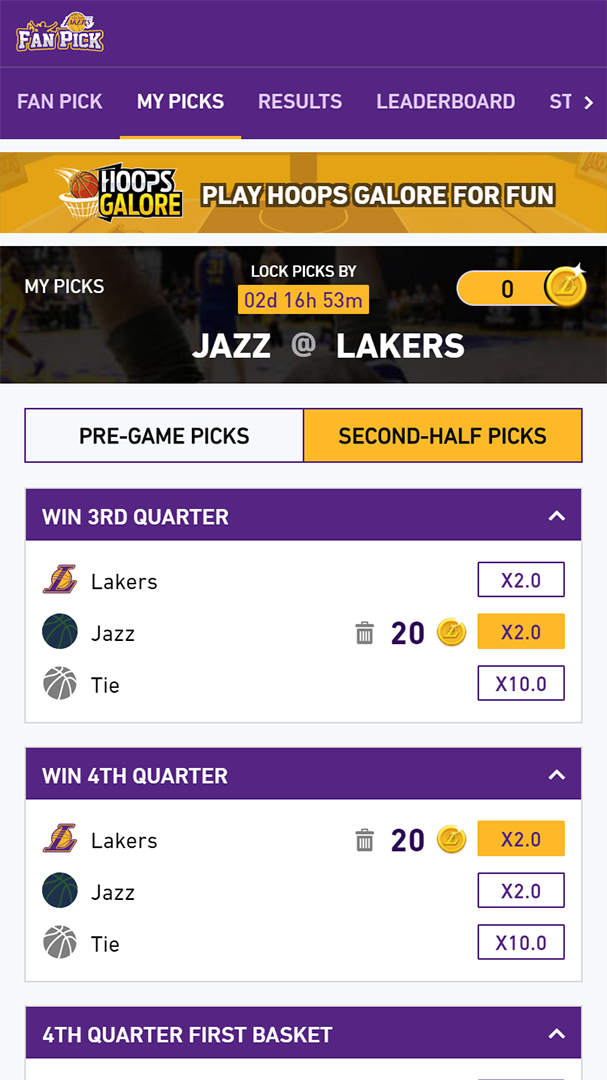 Los Angeles Lakers Fan Pick my picks screen showing second half picks section